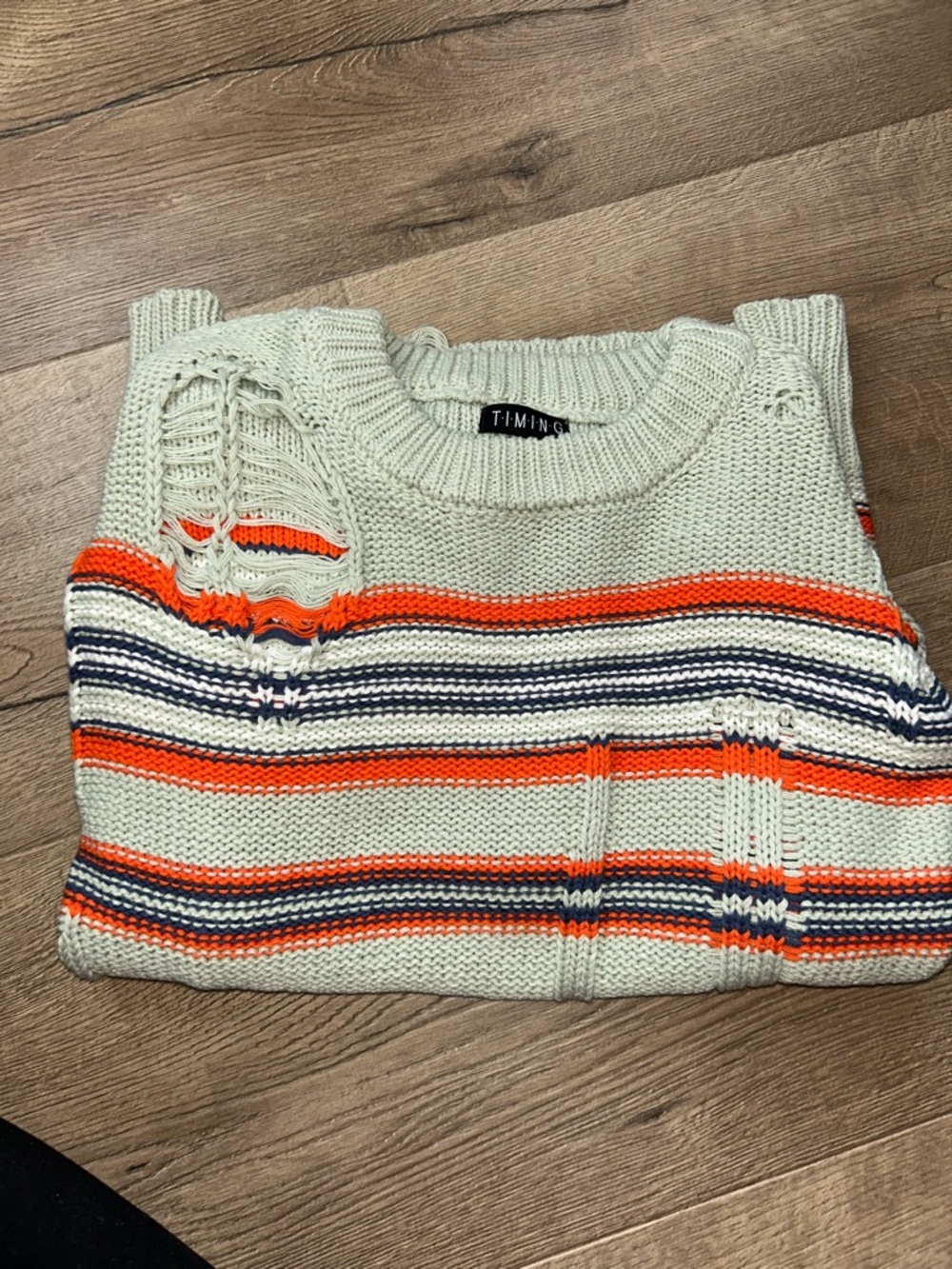 Timing Destructed Mint Green Crewneck Sweater with Orange and Navy Stripes